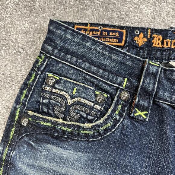 Rock Revival Jeans Mens 32x33 Blue Kirk Side Alt Straight Distressed Stitch - Picture 4 of 15